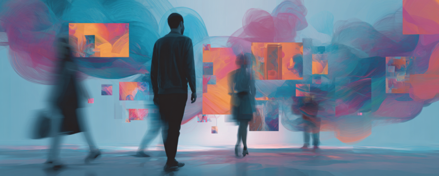 Abstract scene of people interacting with vibrant digital art displays, symbolizing the diverse and immersive services of a creative agency