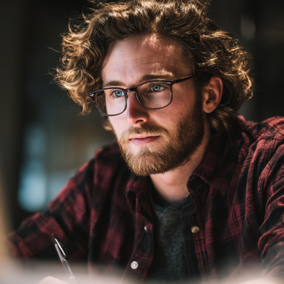 Focused creative professional with curly hair and glasses in a modern workspace, representing a creative marketing agency atmosphere.