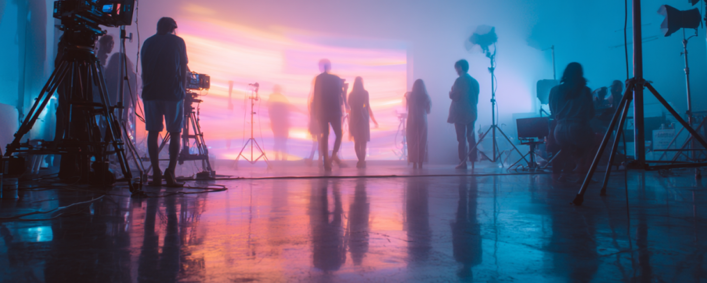 Video production crew working on a set with vibrant lighting and professional filming equipment, capturing creative footage in a dynamic studio environment.
