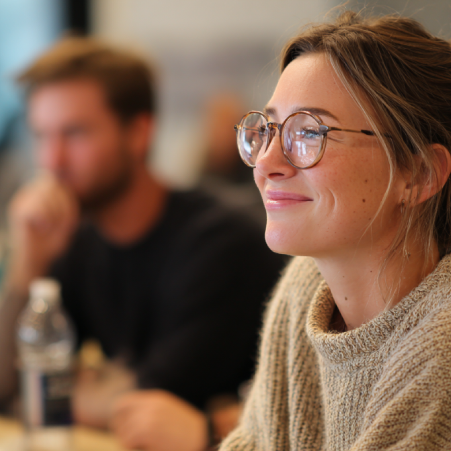 Smiling woman wearing glasses and a cozy sweater sits at a table in a bright, collaborative workspace, representing a creative and engaging graphic design agency environment.