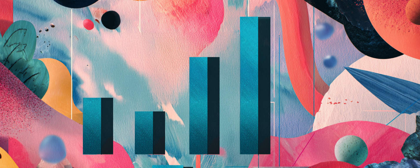 Abstract illustration combining vibrant artistic elements with a bar graph, symbolizing the fusion of creativity and performance in marketing services
