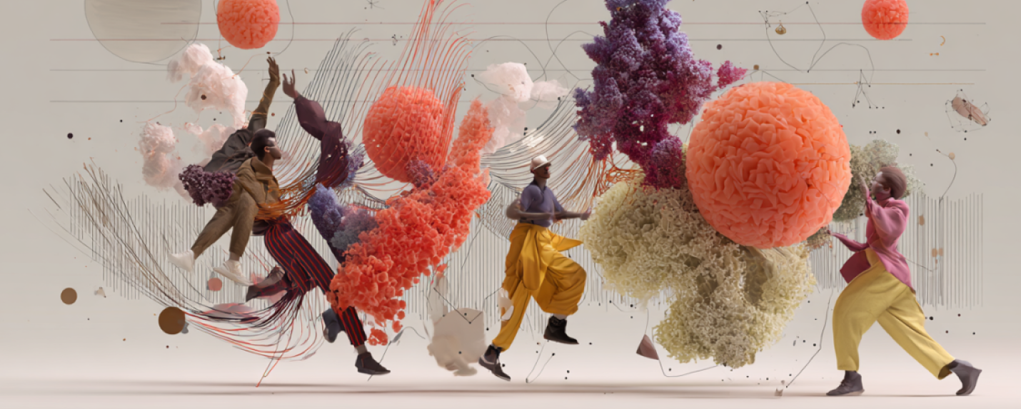 Stylized scene with dynamic human figures and abstract 3D elements in motion, representing the expressive and imaginative world of video animation