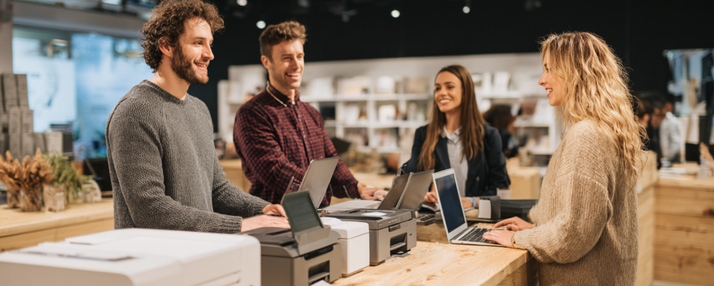 Retail professionals engaging in a collaborative strategy session around tech products in a well-lit store environment, illustrating hands-on retail marketing teamwork.