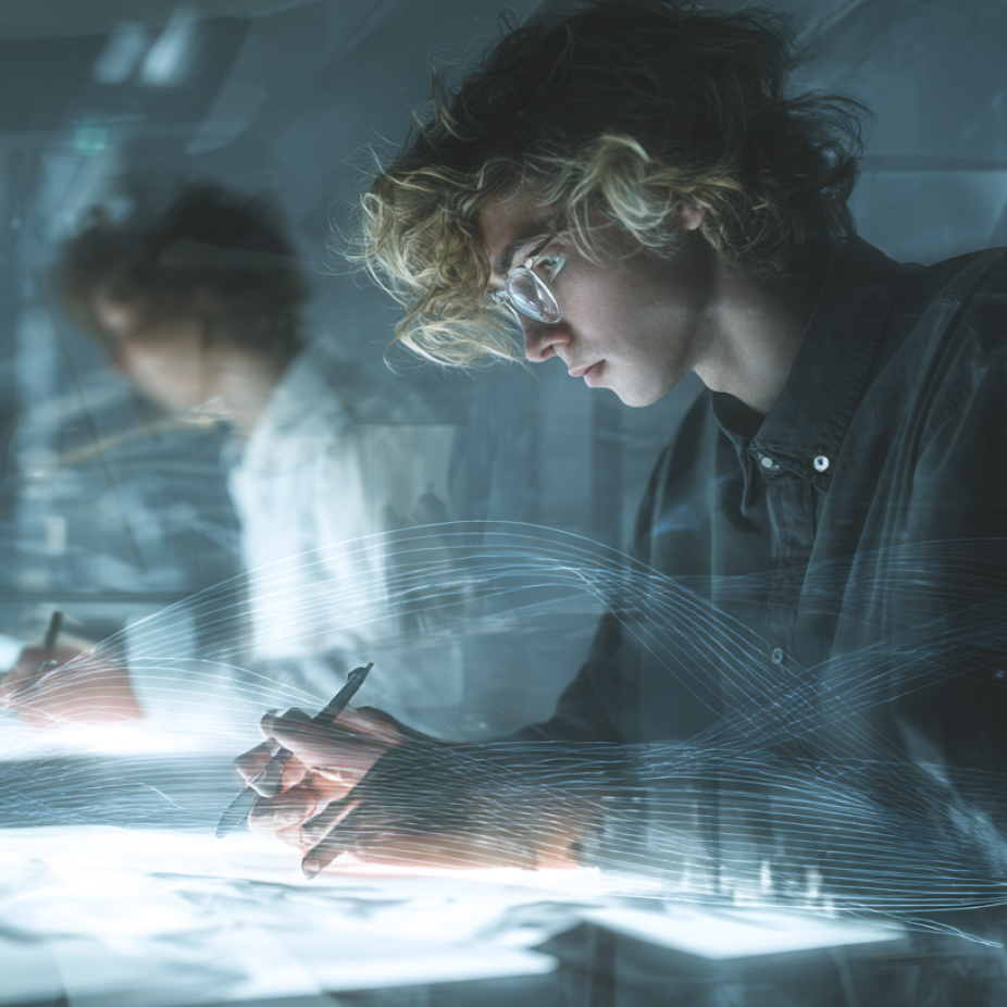 Young animator focused on digital drawing with stylized motion graphics overlay, capturing the creative and technical energy of a modern animation agency.