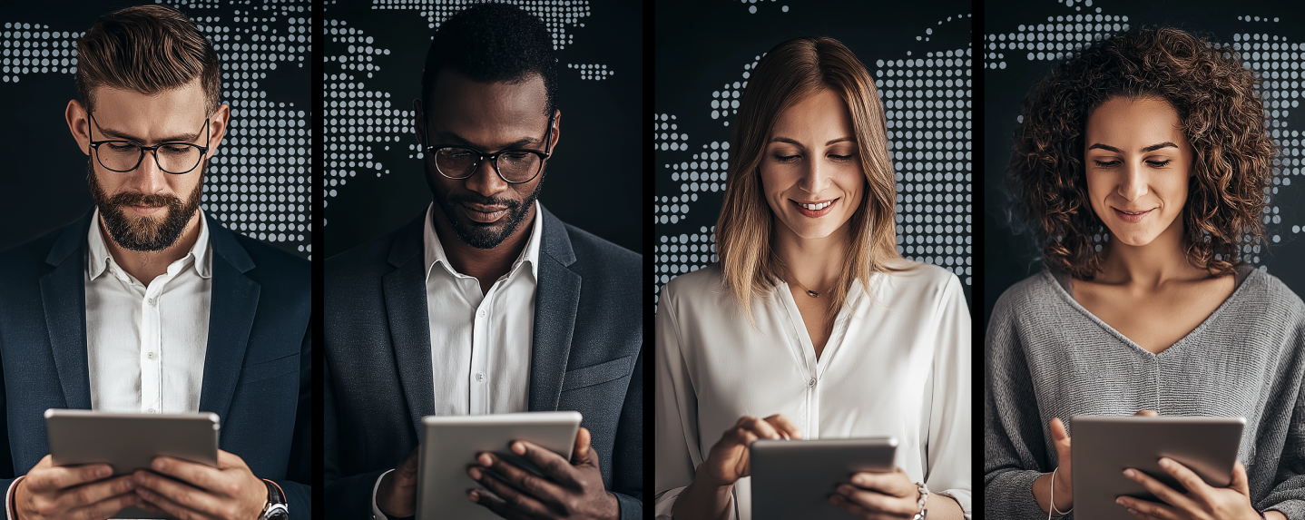 Diverse group of professionals using digital tablets, standing against a stylized world map background, representing AI-powered global sales tools and technology integration.