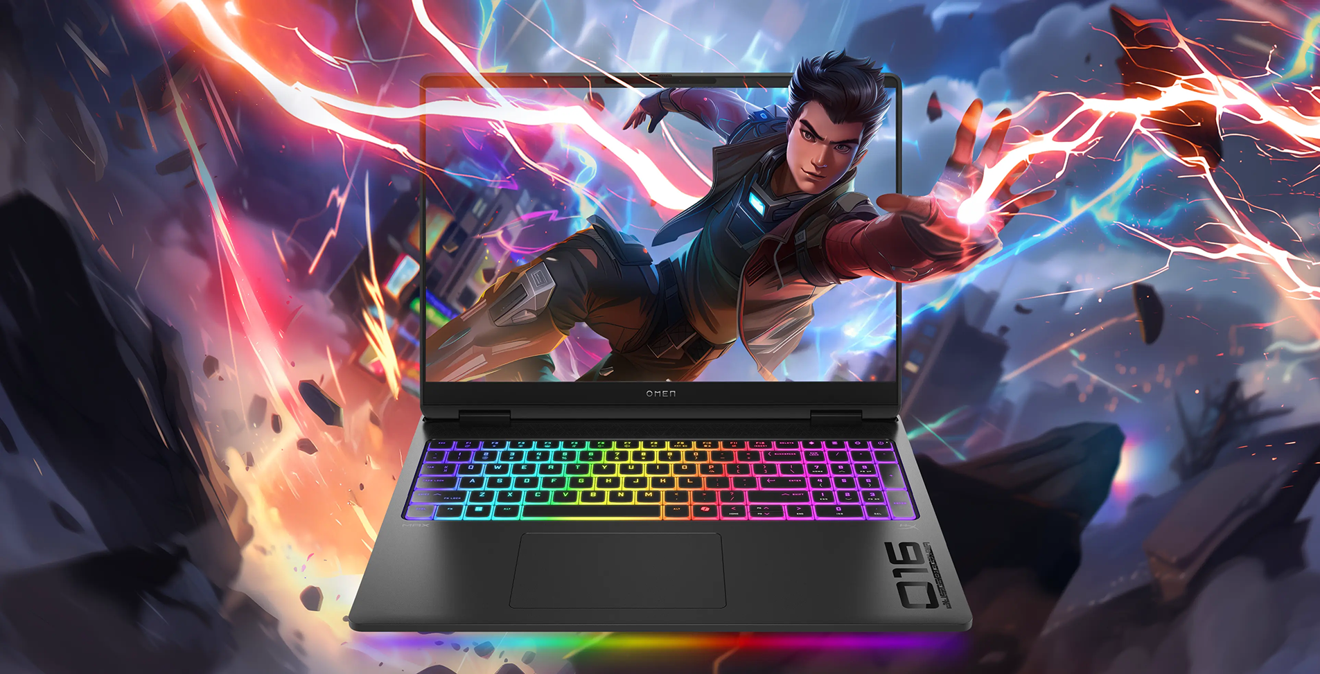 Anime type drawing leaping off of an Omen laptop, with the background continuing the fantastical view.