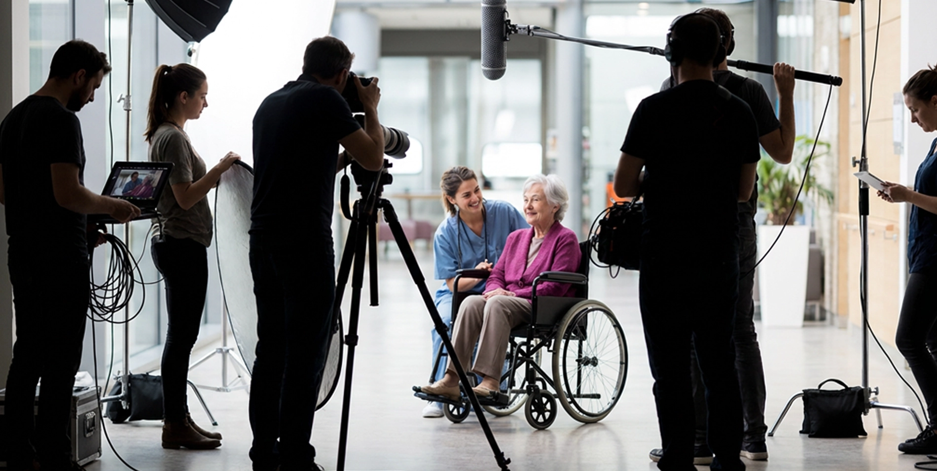 Video production crew filming an elderly patient in a healthcare setting