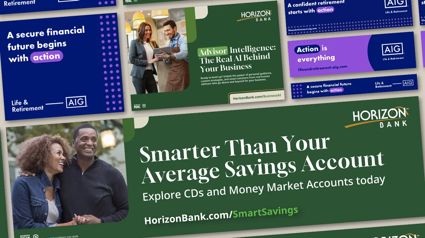 Digital advertisements for banking and insurance clients, including Horizon Bank and AIG