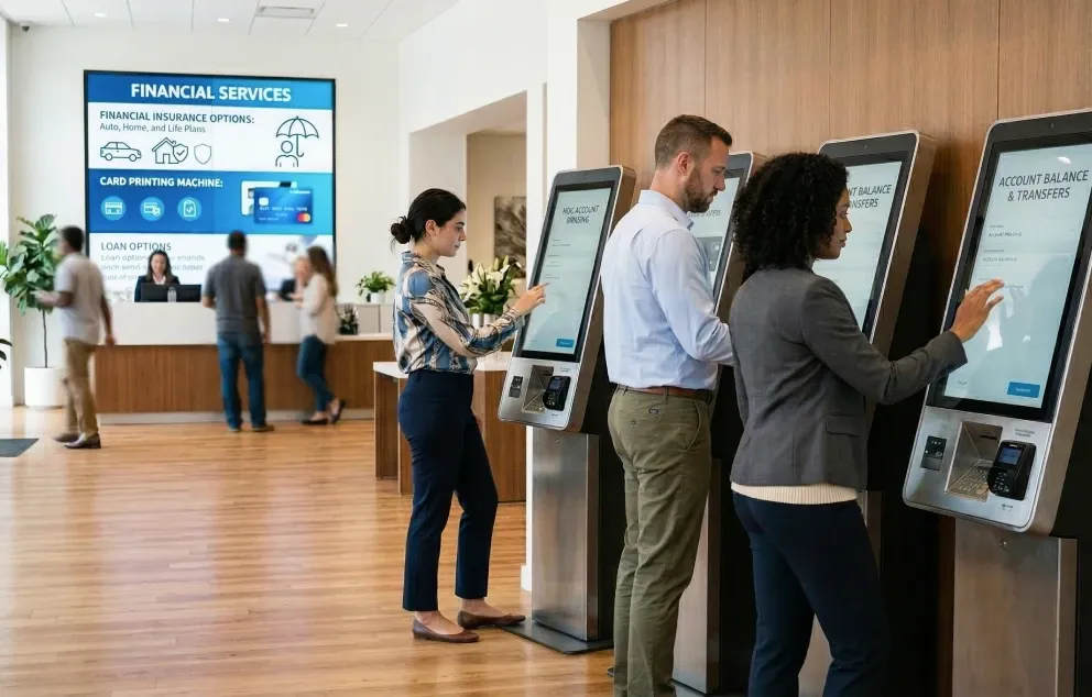A group of people, in a bank, using self-service kiosks.