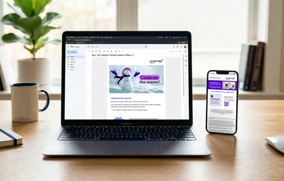 A laptop and mobile phone showing a screenshot of an email campaign in Gmail.
