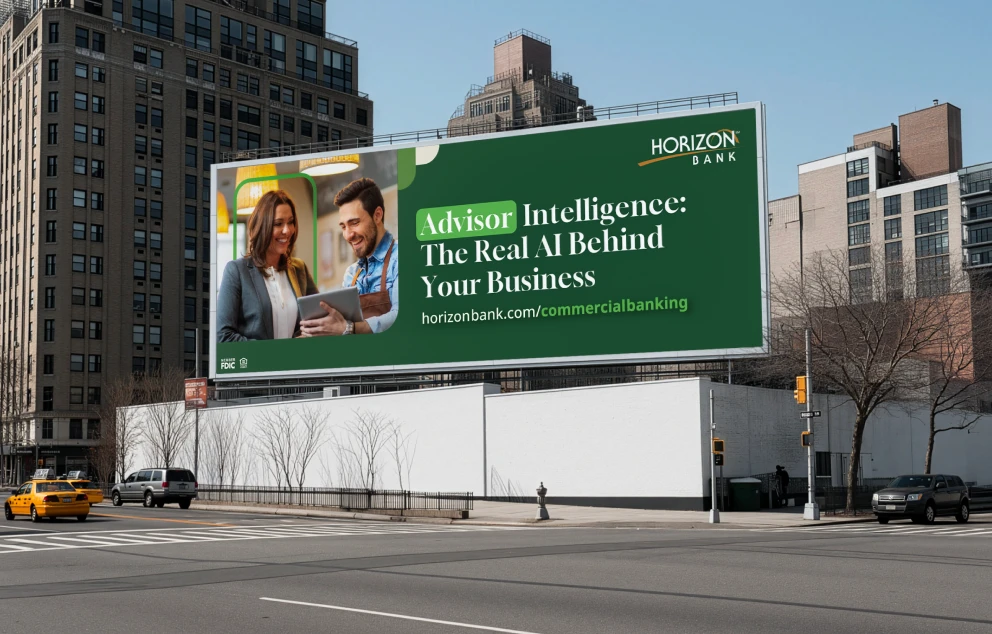 A billboard in a city area, featuring an ad for Horizon Bank.