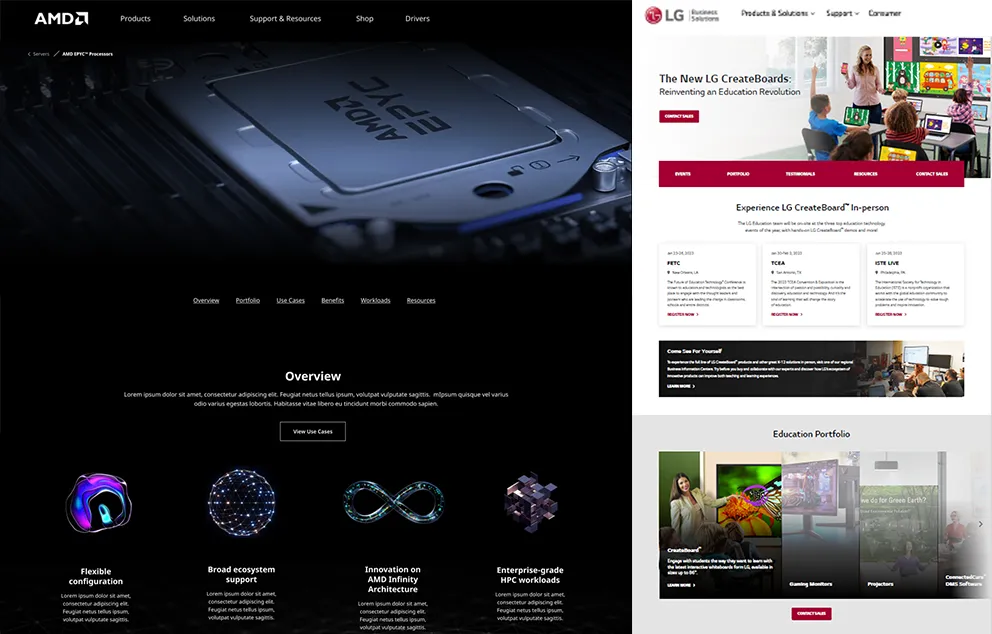 Screenshot of two consumer electronic websites, with optimized layout, branding, product placement, and content.