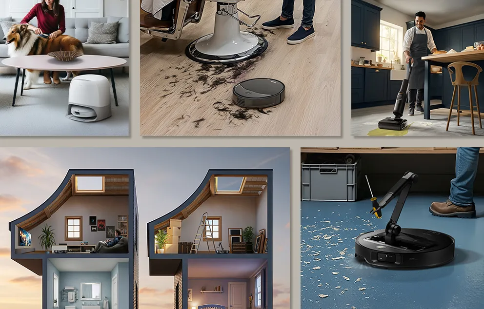 A collage of five photos representing a brand and product positioning campaign for a robot vacuum.