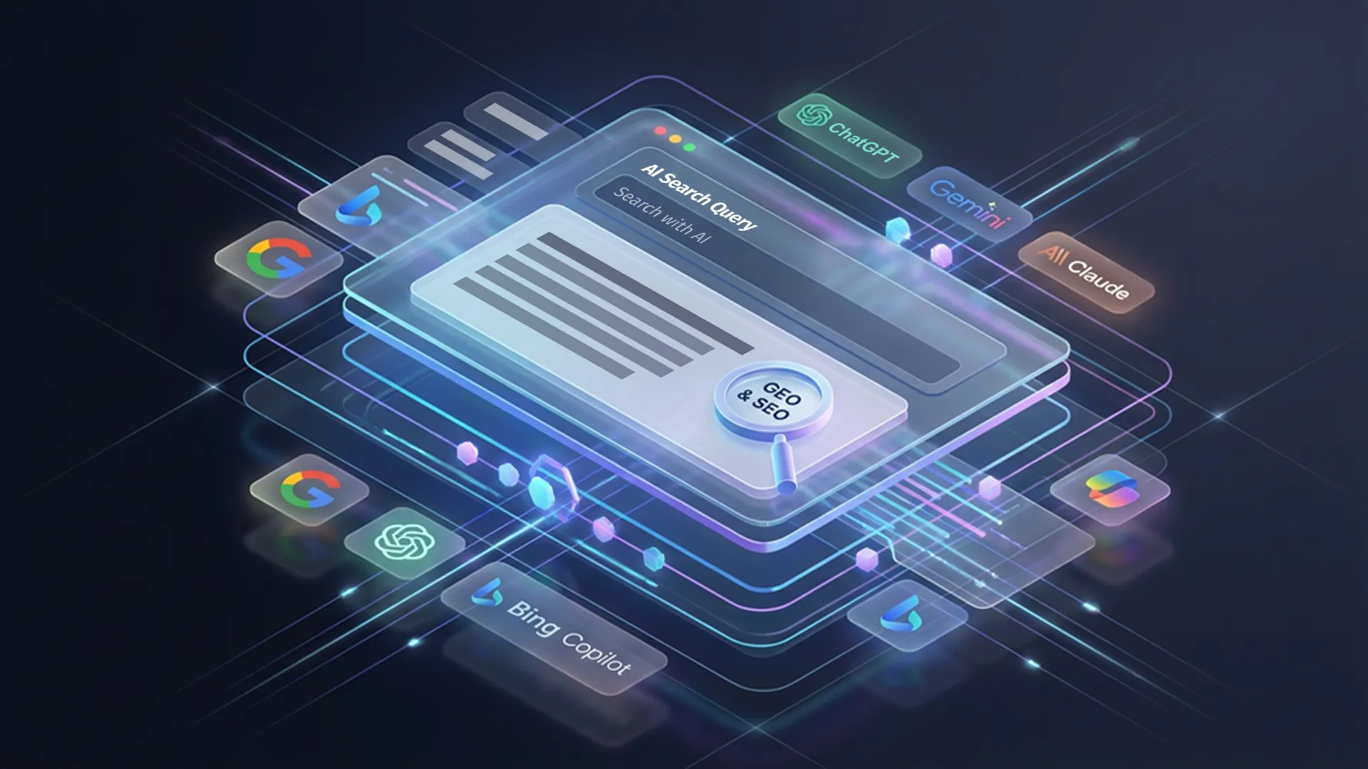 A digital illustration of a layered search interface, surrounded by logos for a selection of conventional search engines and generative search agents, including Google, ChatGPT, Bing, Copilot, Gemini, and Claude.