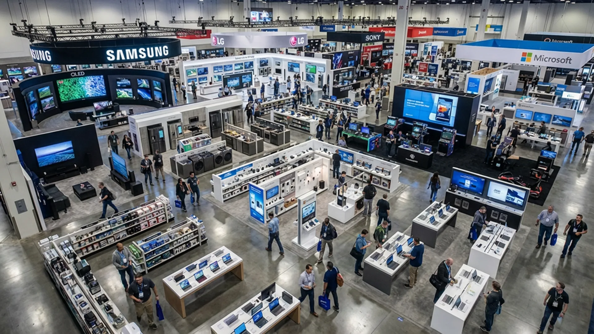 An overhead view of a consumer electronics trade show exhibition hall, featuring multiple vendor booths with recognizable brands.