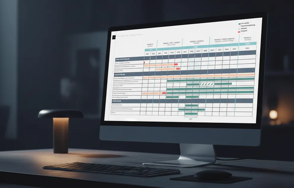 Desktop computer showing a project Gantt chart on the screen, set on a desk with a keyboard, mouse, and lamp in a dimly lit workspace