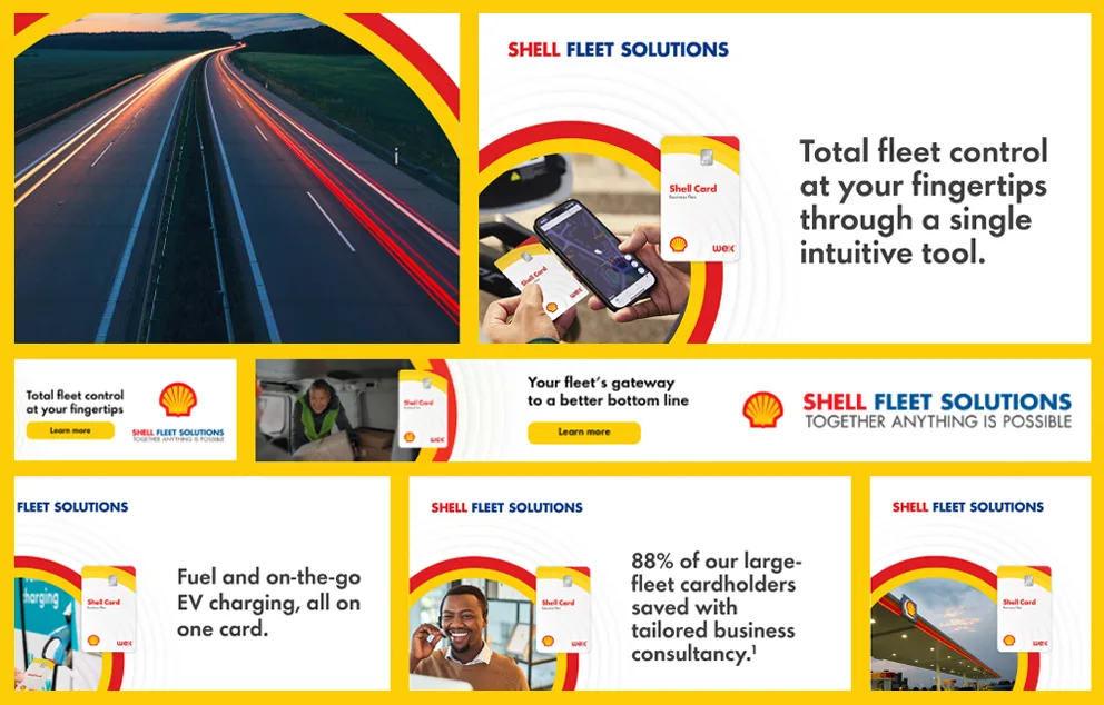 Collage of graphics, banner ads, and other work Adcetera has performed for Shell Fleet Solutions featuring strong Pecten graphics and bold colors