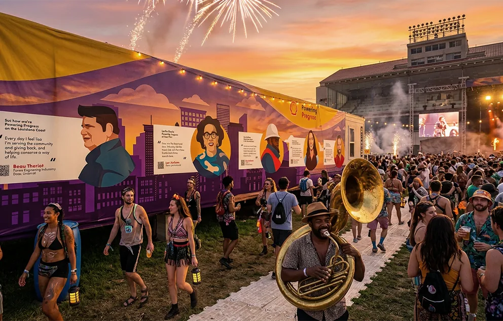 Event backdrop of customer testimonial illustrations created for Shell at Austin’s South by Southwest music festival
