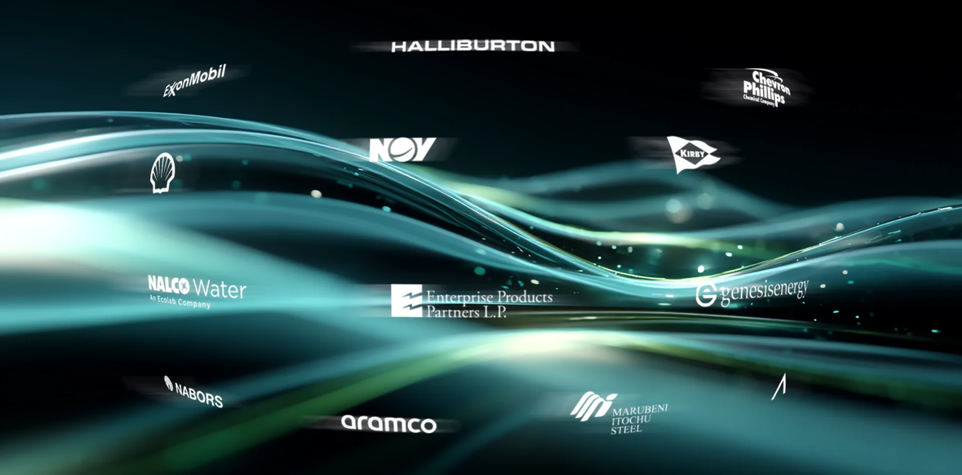 Futuristic, fluid abstract waves of soft blues and greens surrounded by logos of Adcetera global energy clients