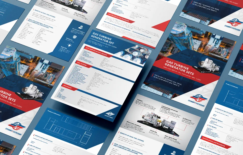 Blue and red branded datasheets, whitepapers, and other sales enablement tools Adcetera created for Stewart & Stevenson, arranged in diagonal lines