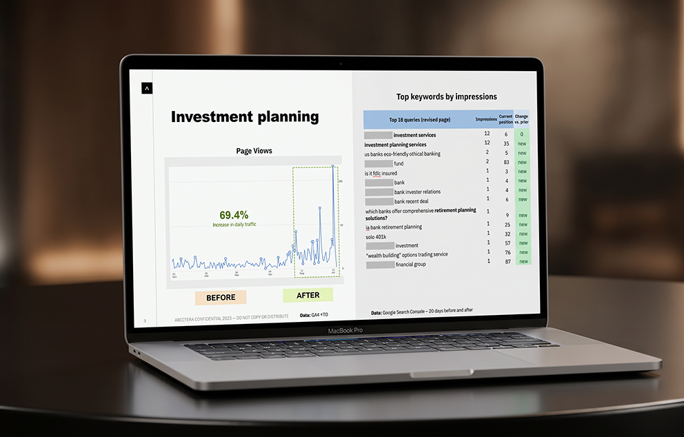 A laptop sits on a desk and displays in-depth SEO keyword research and analysis.