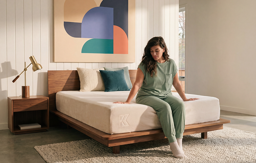 A woman sits on a Keetsa mattress in a high-end bedroom, displaying the comfort and luxury of Keetsa’s premium memory foam mattresses.