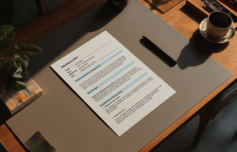 A document featuring brand messaging for document imaging and retail photo kiosk company sits on a desk.
