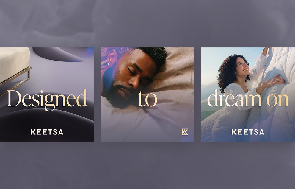 A redesigned Keetsa brand, from visual concepts to messaging, using “Designed to Dream on” as the brand tagline and vibrant, dream-like imagery.