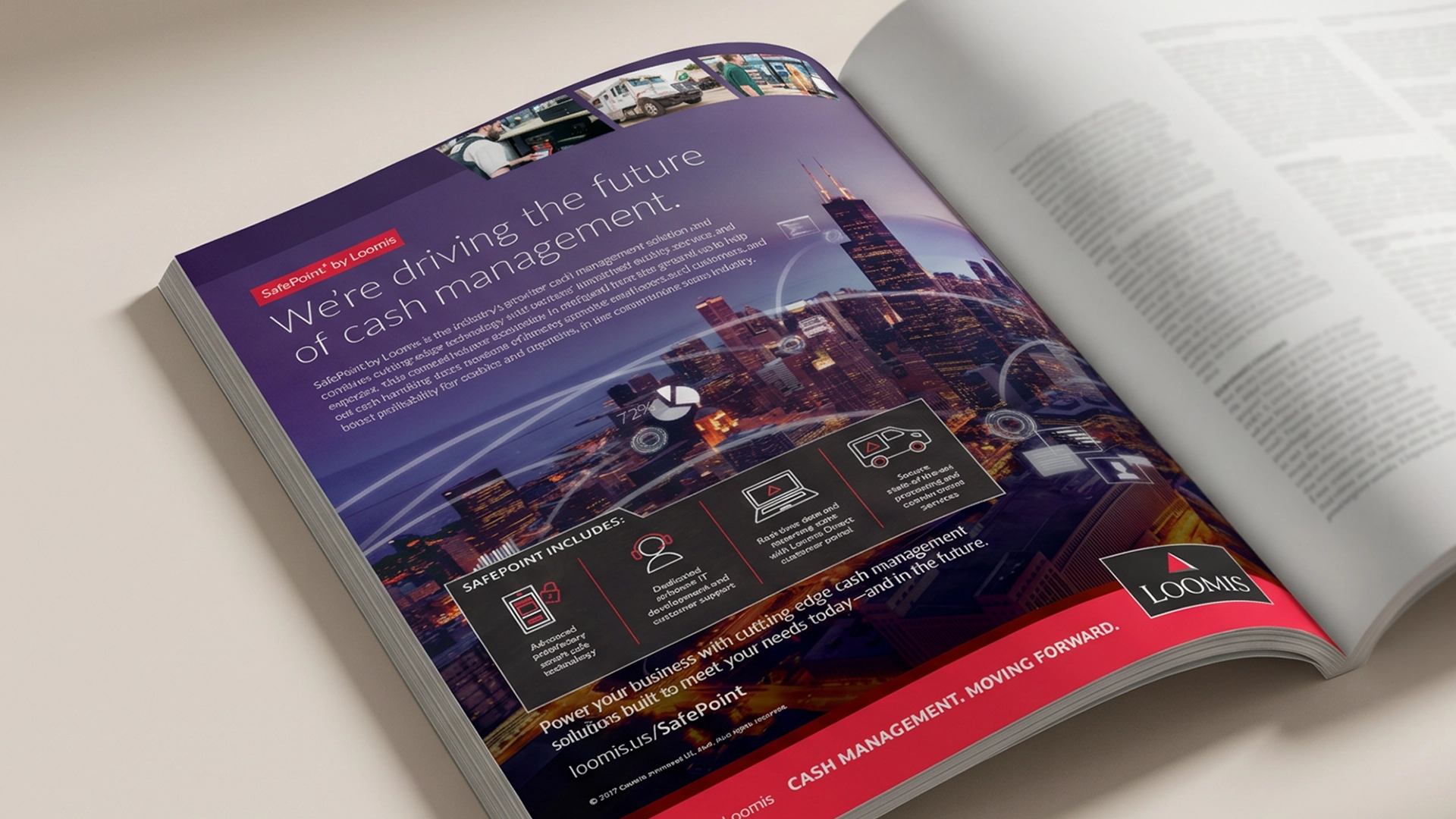 A magazine opens to a full-page ad showing Loomis’s Safepoint cash management solutions.