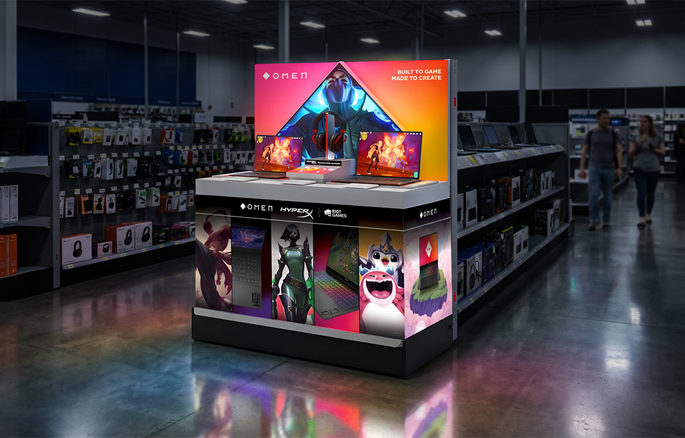 high-tech retail endcap for HP’s gaming computer series, featuring background illumination, 3D popouts, interactive display, and popular gaming characters.