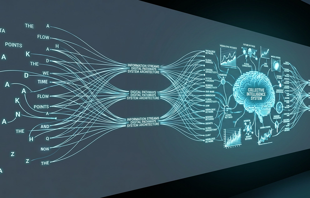 A digital flowchart diagram projected on a wall depicts multiple data streams and activities converging into a central hub labeled “Collective Intelligence System,” stylized to resemble a human brain.