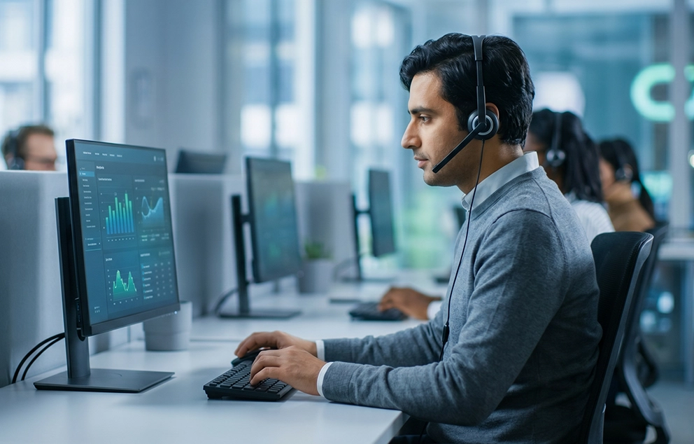 A woman wearing a headset sits in front of a desktop computer monitor in a busy call center.