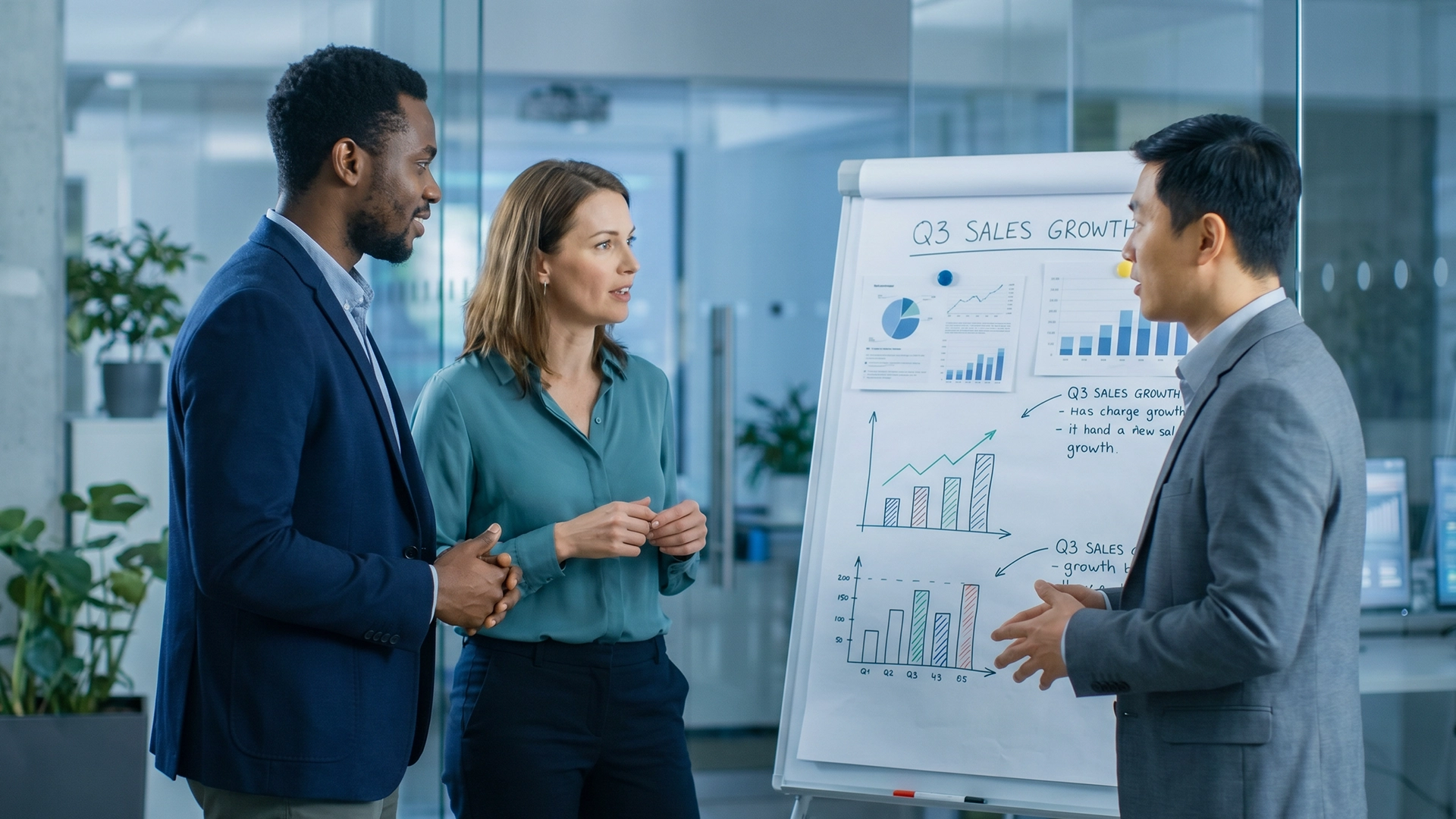Three professionals discuss business performance charts displayed on a whiteboard. The three charts are a line graph titled “Sales Forecast Q3,” a bar chart titled “ROY YTD,” and a funnel graphic titled “Pipeline Report.”