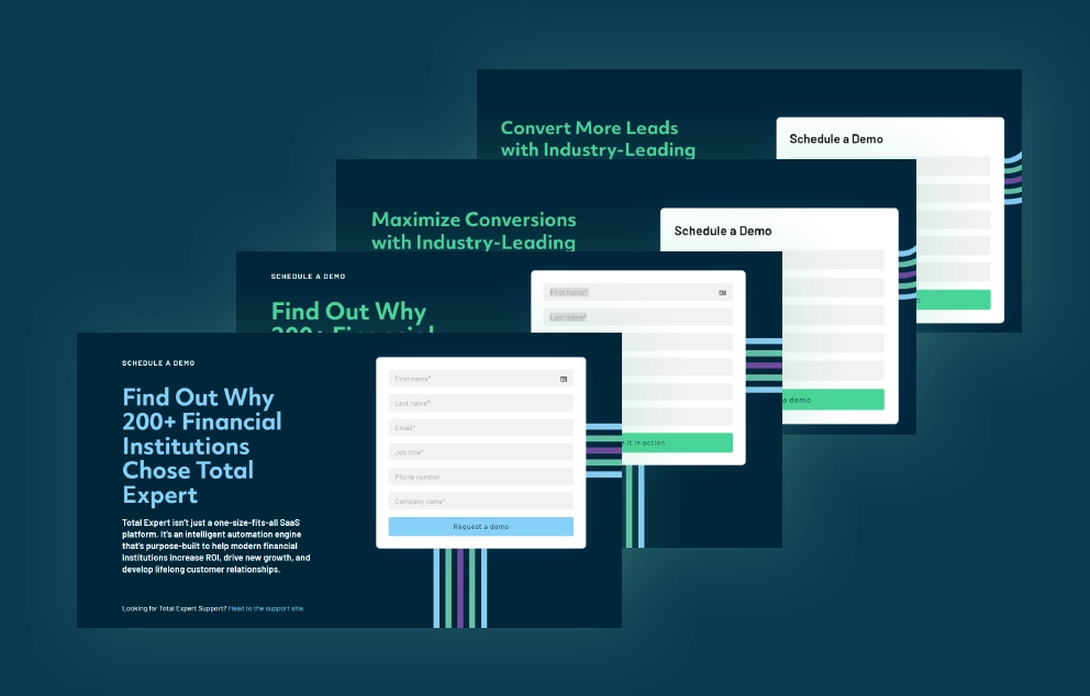 A series of stacked screen shots are arranged in front of a dark blue background. The screen in front reads, “Find out why 200+ financial institutions choose Total Expert.”