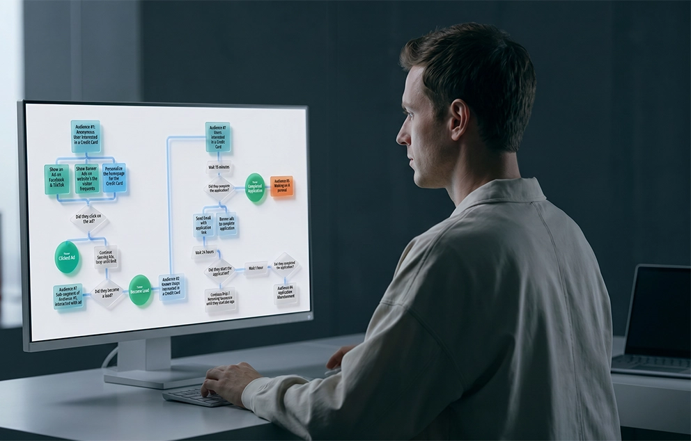 A process flowchart is presented on a glass wall in a high-rise office environment. The chart shows the decision process for engaging potential customers in different audience segments and convincing them to apply for a credit card.