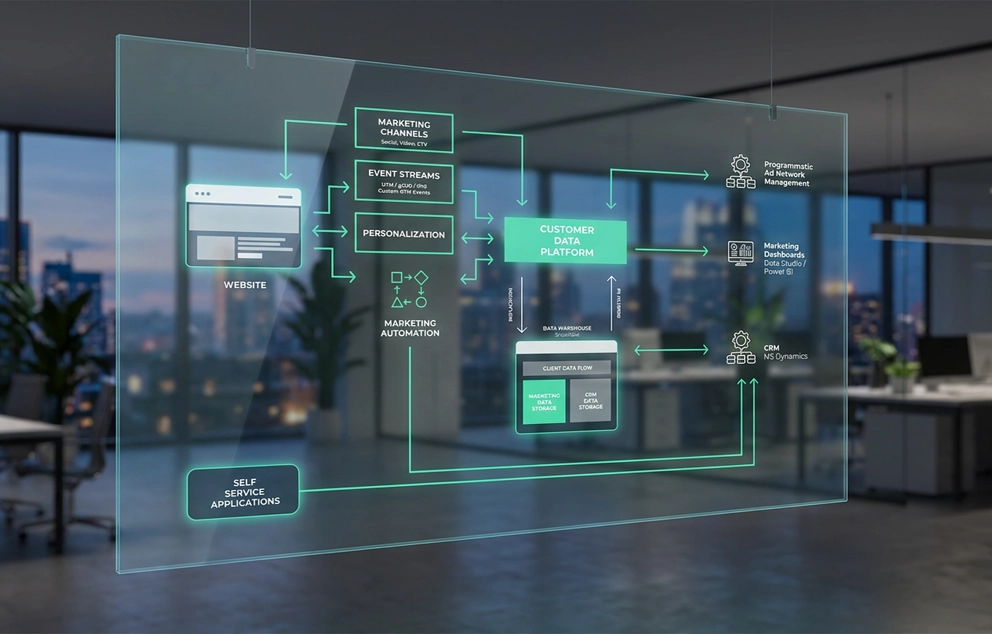 A translucent, augmented-reality-style graphic is suspended within a high-rise office environment. The graphic is a flow-chart showing how a customer relationship management (CRM) platform interacts with other business processes and systems.