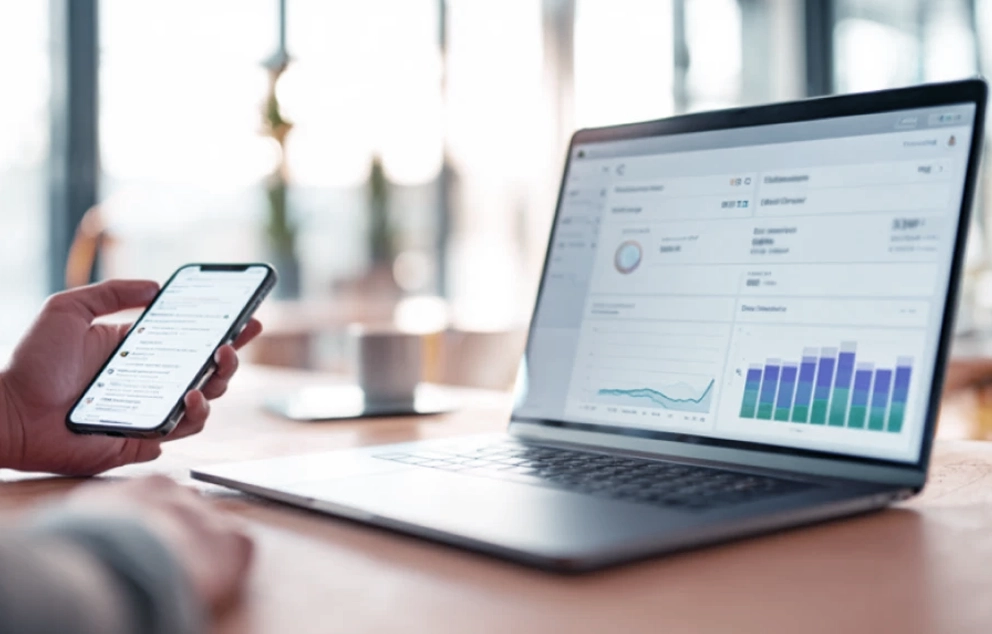 A person sits at a table, holding a smartphone while viewing a laptop screen displaying assorted performance data in the form of a pie chart, line graph, and bar chart.