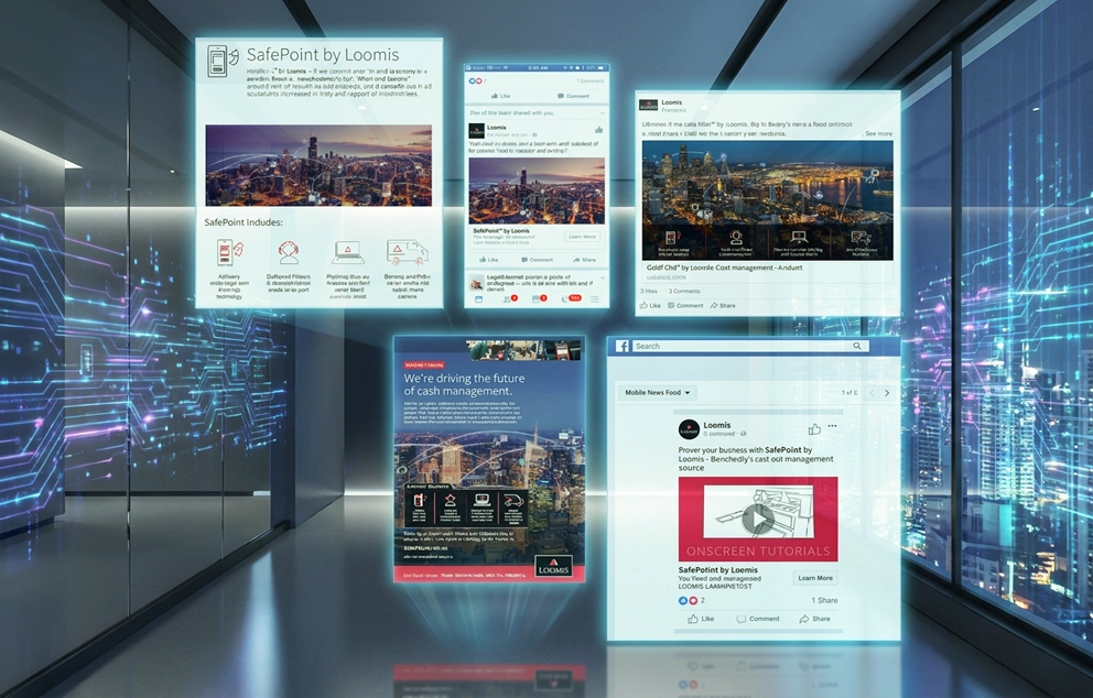 An array of five augmented-reality-style screenshots is suspended in an open space between reflective surfaces. The images show marketing messages displayed various email and social media platforms.