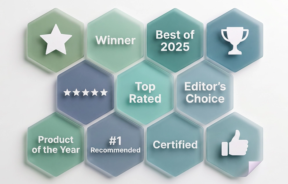 Award and recognition badges with labels like “Best of 2025,” “Top Rated,” and “Editor’s Choice,” to highlight performance and trusted certification