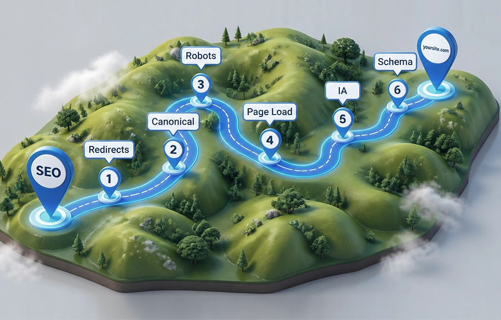 Illustrated SEO optimization journey with key technical and on-page milestones—redirects, tags, robots, page speed, AI, schema—to optimize a website