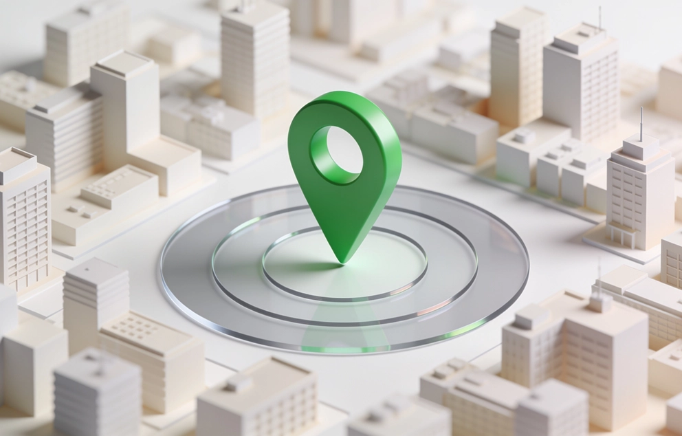 Isometric cityscape with a central location marker illustrating precise/data-driven media targeting, local audience reach, and geographic optimization