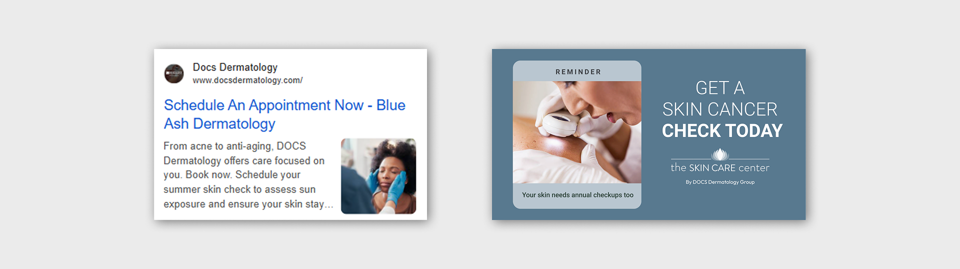 DOCS Dermatology search advertisement paired with a display banner encouraging skin cancer checks, featuring skin examination imagery and preventive care messaging.