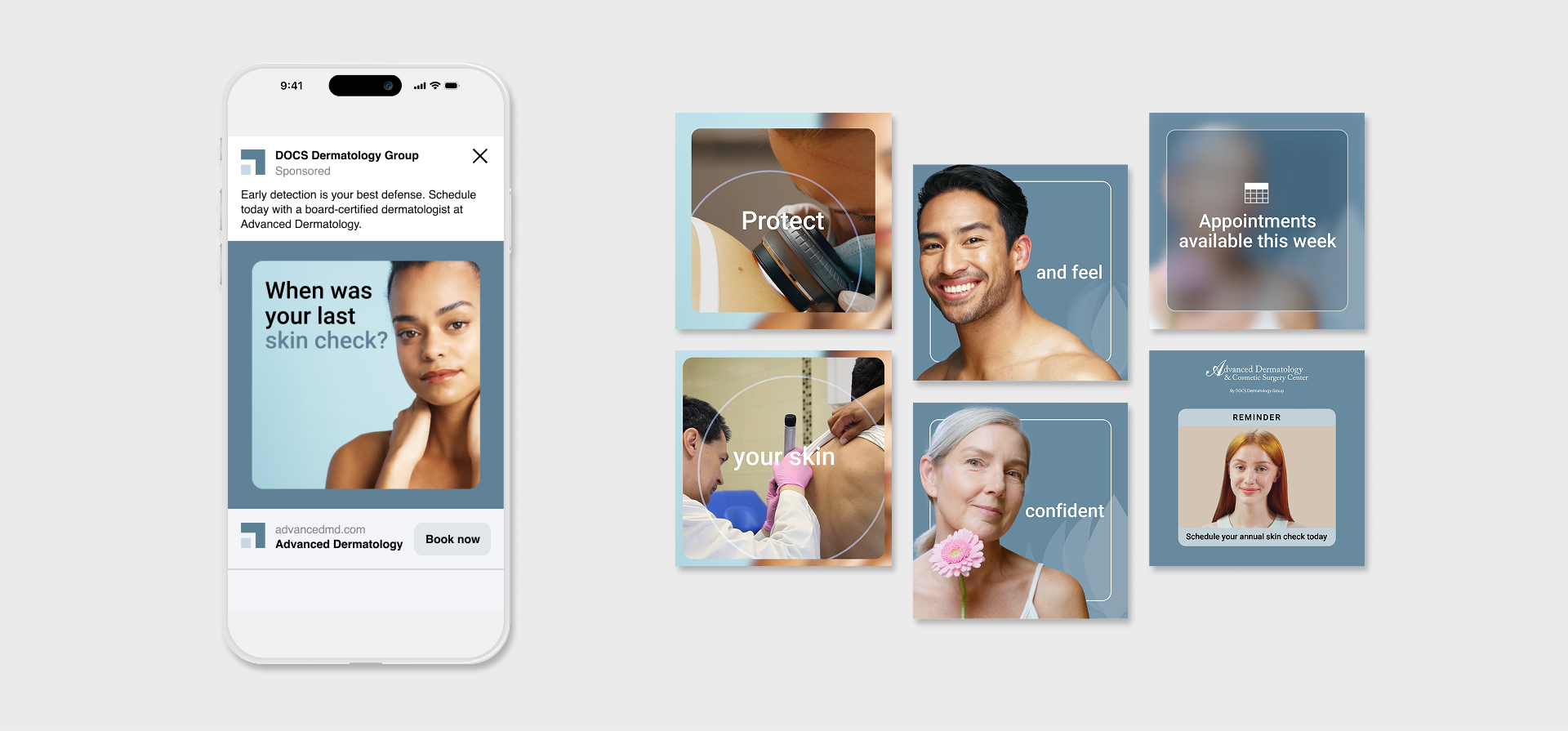 Mobile social media advertisement from DOCS Dermatology Group encouraging annual skin checks, displayed alongside related campaign creatives featuring skin screening imagery, appointment availability messaging, and reminder ads.