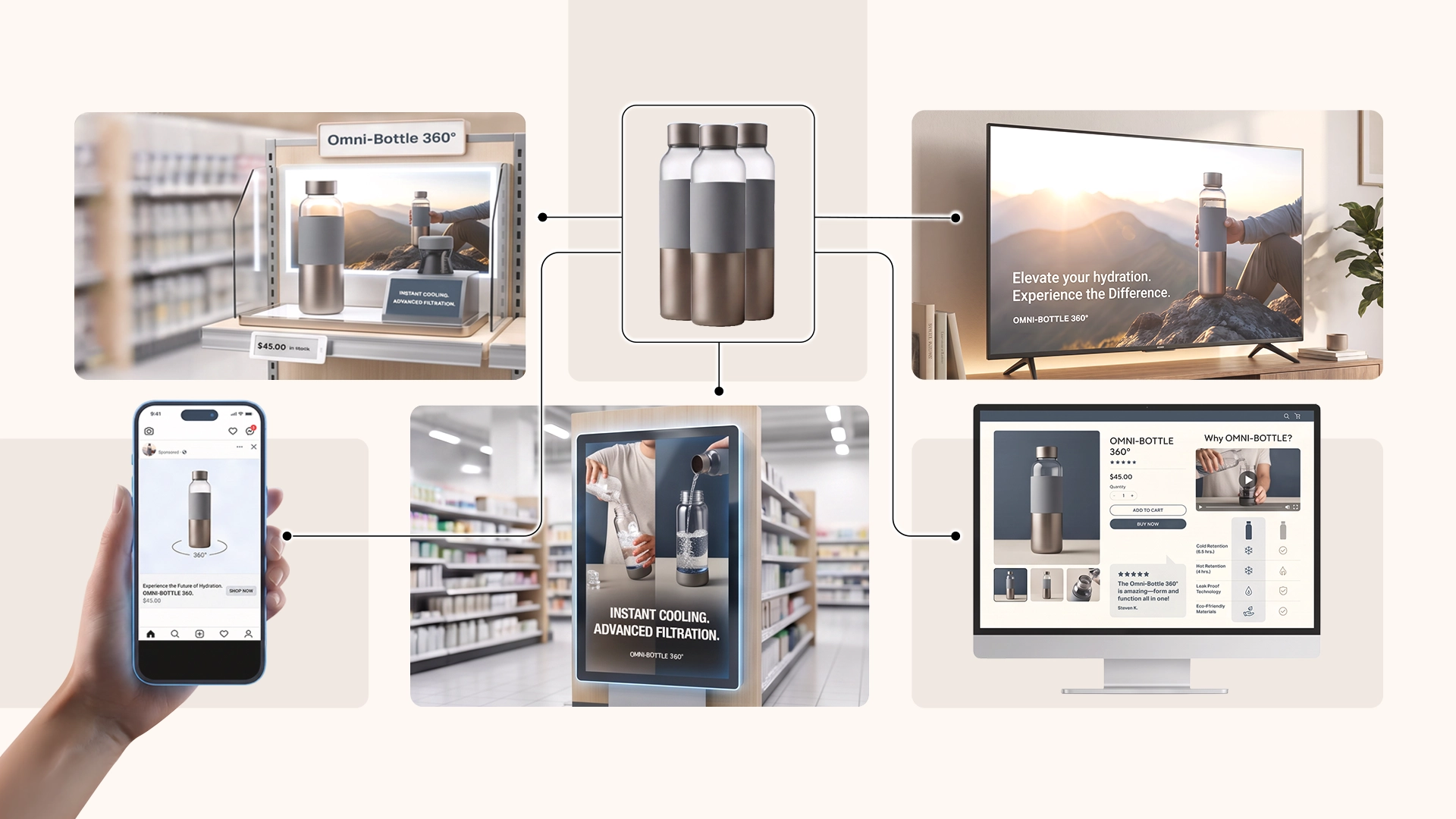 Connected retail product experience shown across in-store displays, digital signage, ecommerce product pages, on-product video content, and mobile shopping channels