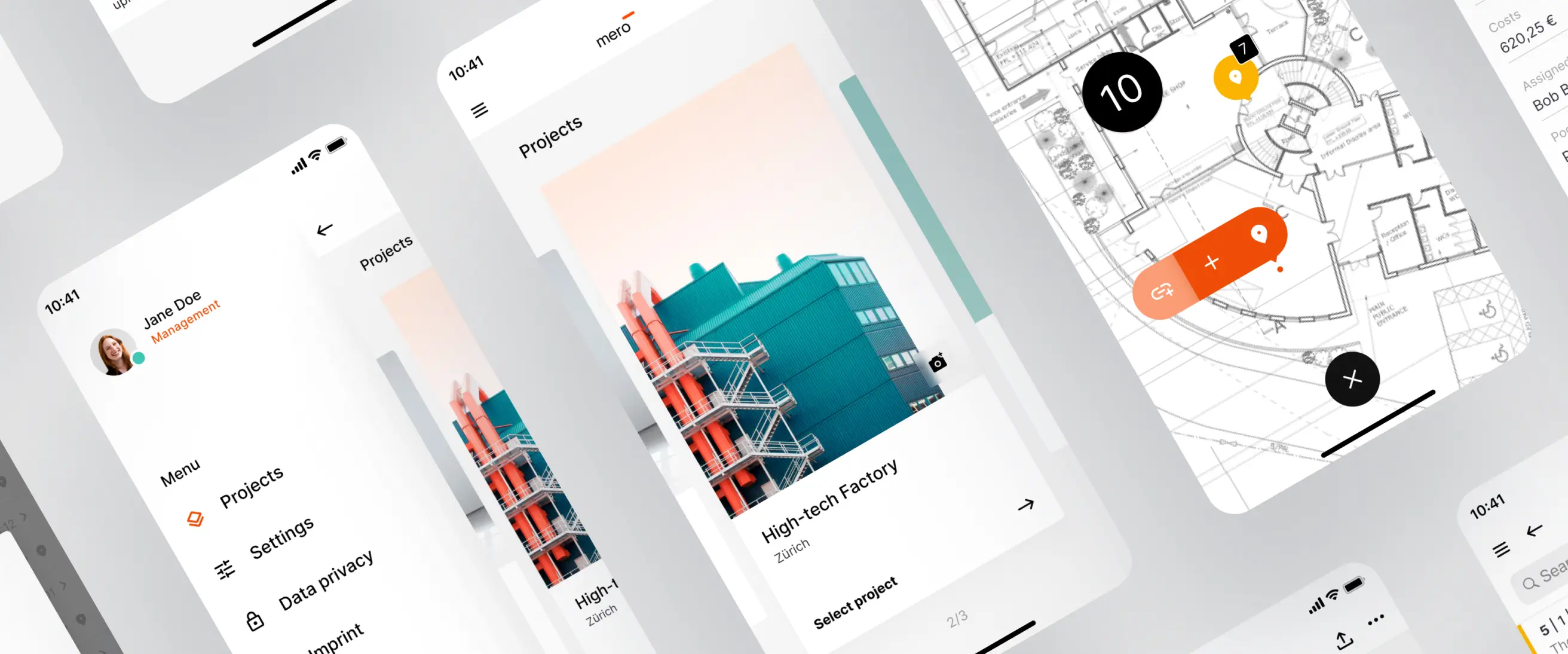 Ein großes Headerbild auf dem Verschiedene Mockup Screens der mero App zu sehen sind.
