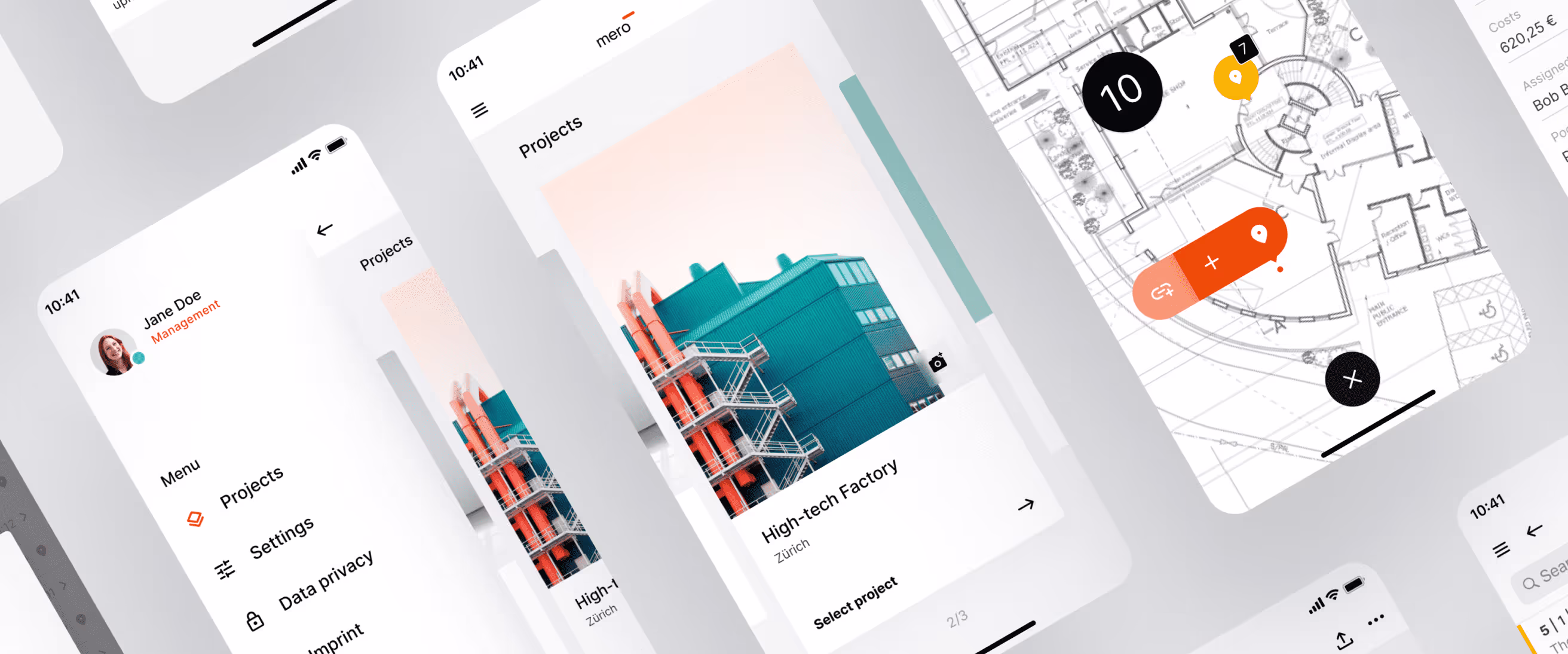 Ein großes Headerbild auf dem Verschiedene Mockup Screens der mero App zu sehen sind.