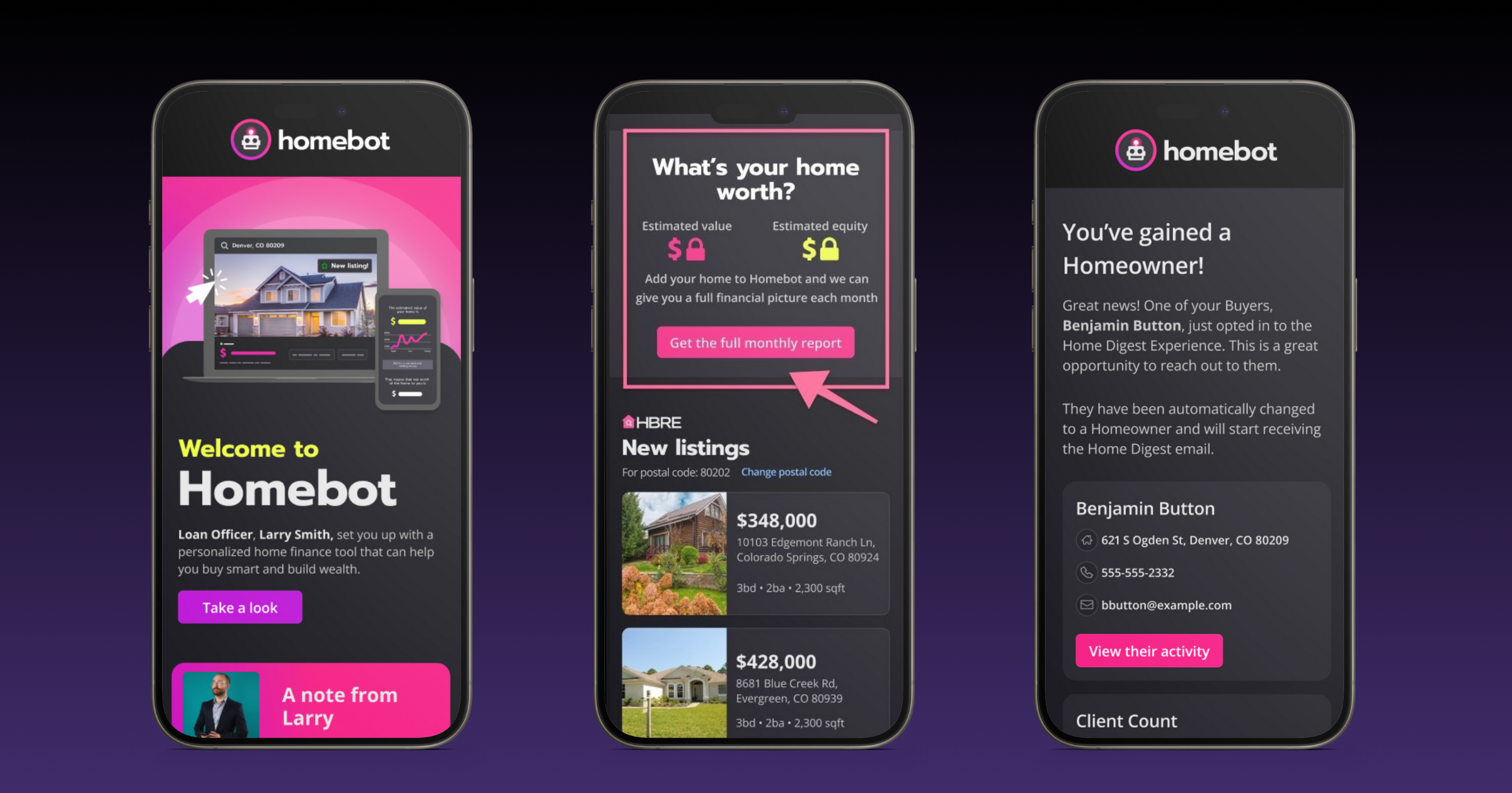 The email includes: Recently sold comps and active listings nearby Personalized equity insights (or market stats if equity is below $10K) A clear call-to-action that prompts the homeowner to complete a Market Check-In Once the homeowner completes the check-in, their responses flow into their profile. This gives you context on their timeline and goals so you can follow up at the right moment. How it works: Sent automatically when a client crosses into a High Likely to Sell score (70+) Delivered once per client, even if they cross the threshold again Applies only to new clients added after October 21, 2025 Manual sending is available for existing clients with qualifying scores You can preview or manually send the email from a client’s profile if they meet the criteria. This ensures you’re not missing opportunities with contacts already in your system. Buyer Opt-In Emails When you add a buyer or prospect to Homebot without a home address or prequalification information, they won’t receive the standard Welcome Email. Instead, they’ll get a Buyer Opt-In Email.