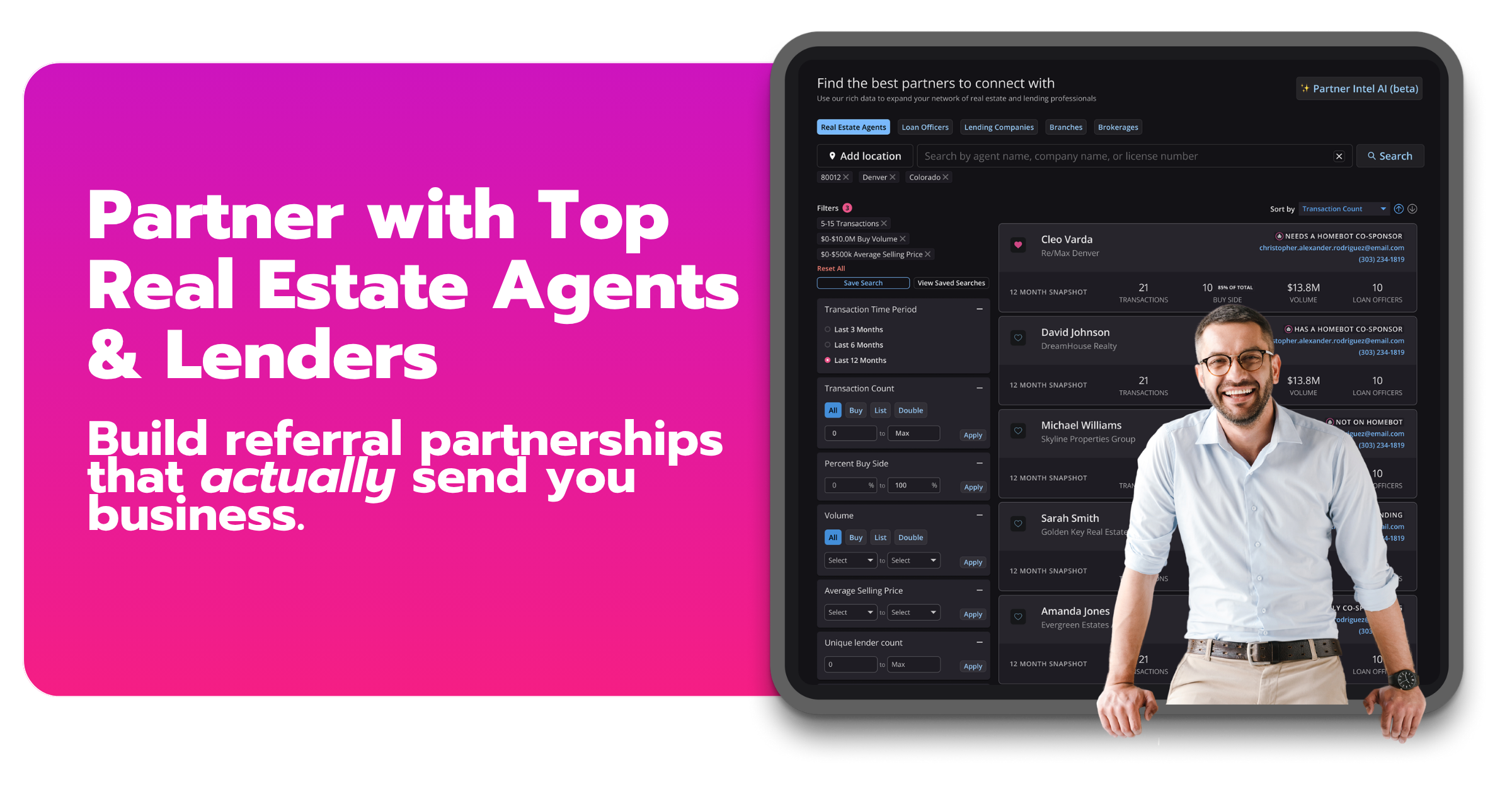 Homebot Partner Intel screen for finding real estate agent and lender partners