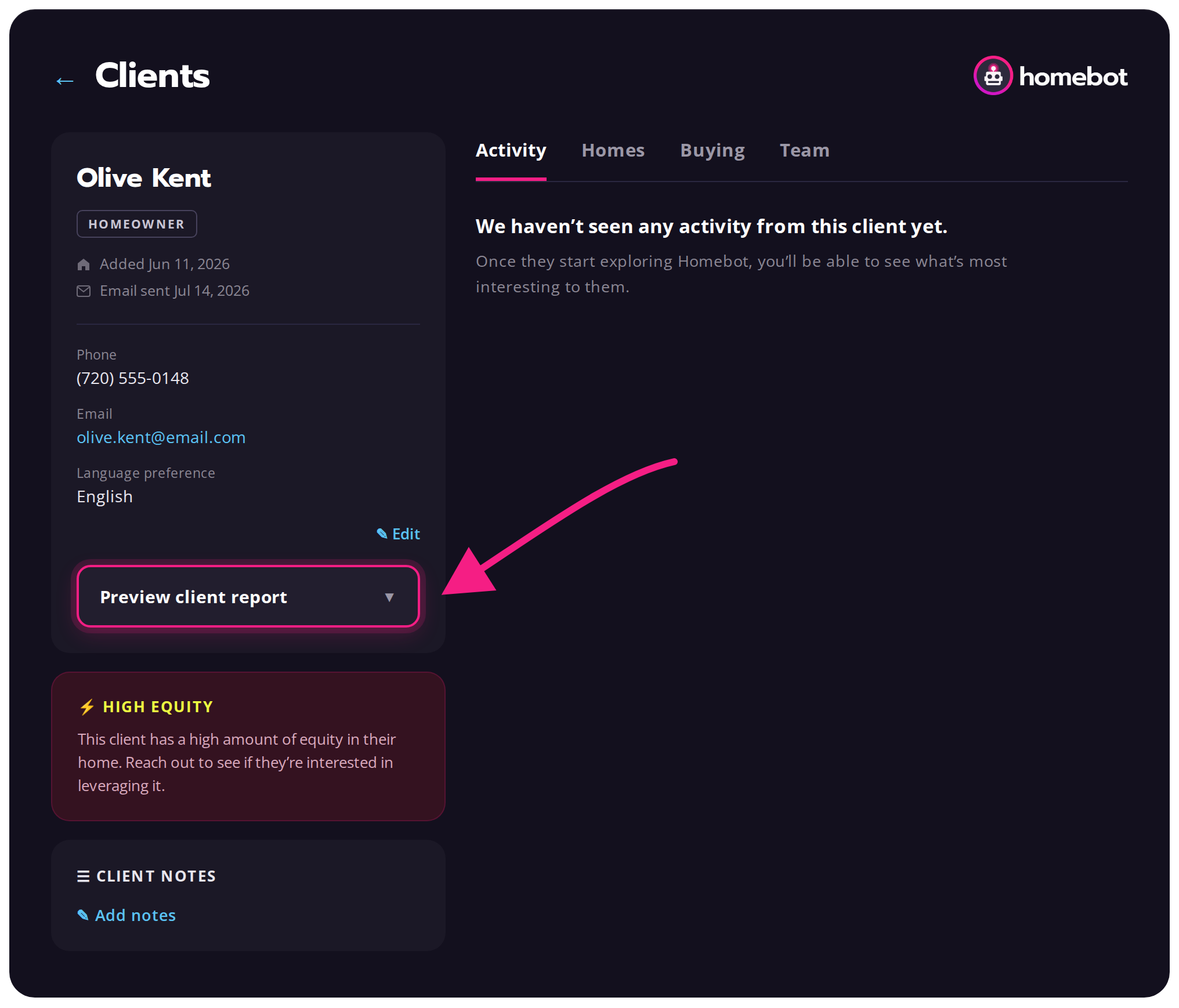 Homebot client profile with the Preview client report button highlighted