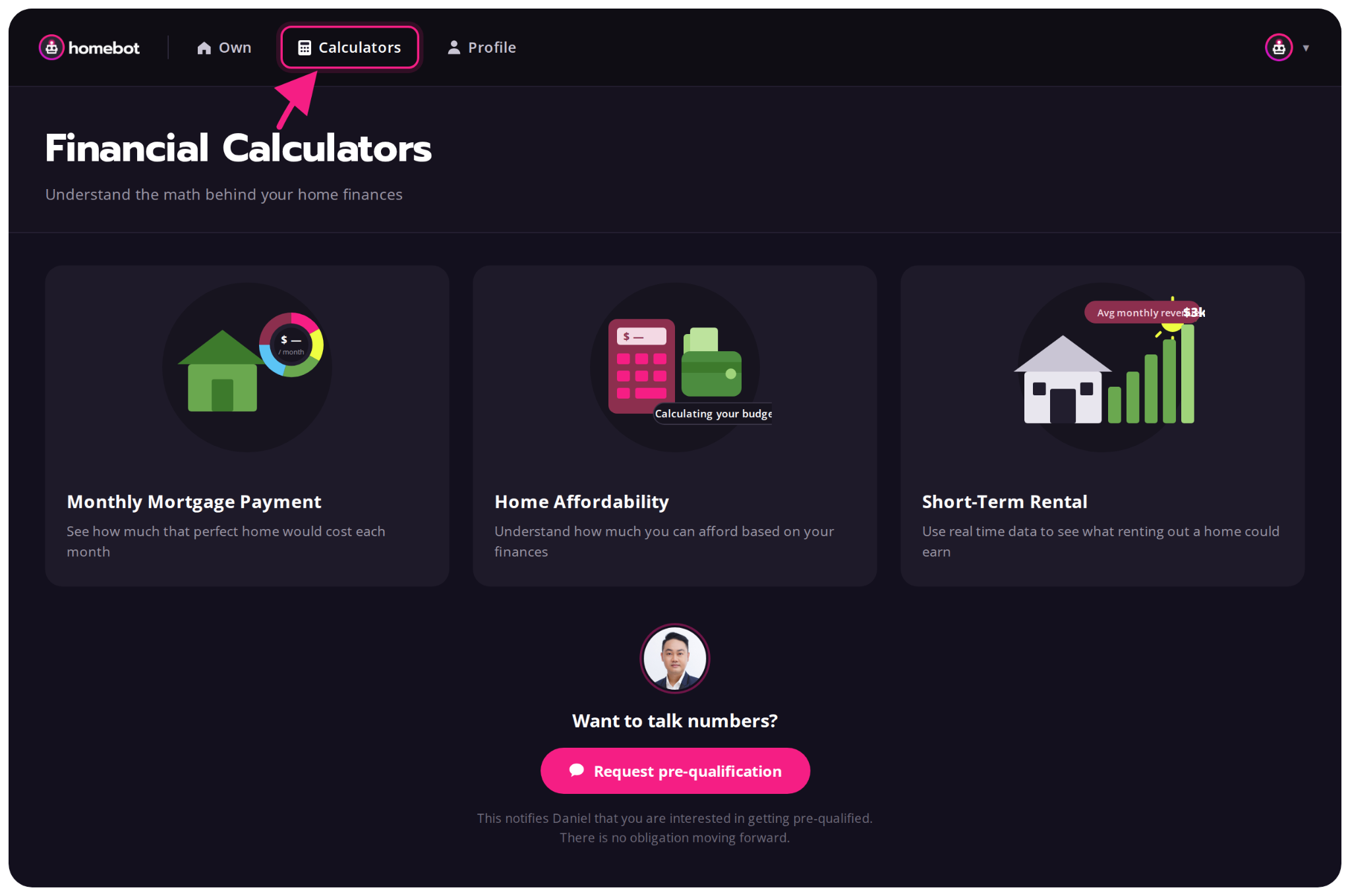 Financial Calculators tab in Homebot showing the Monthly Mortgage Payment, Home Affordability, and Short-Term Rental calculators with a Request pre-qualification button
